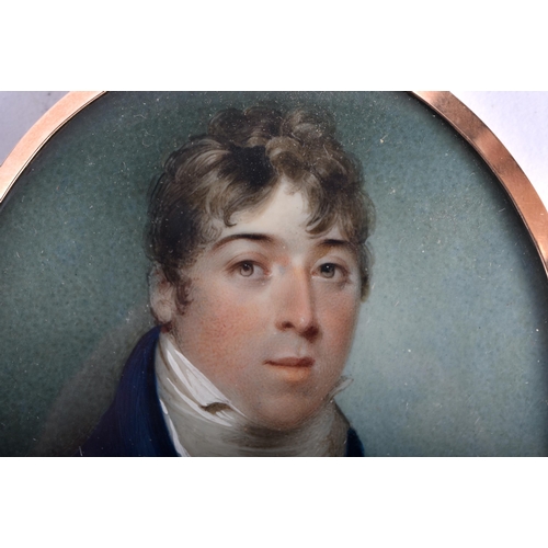 57 - Henry Jacob Birch (1763-1834) Portrait Miniature, Handsome male wearing a blue tunic, rose coloured ... 