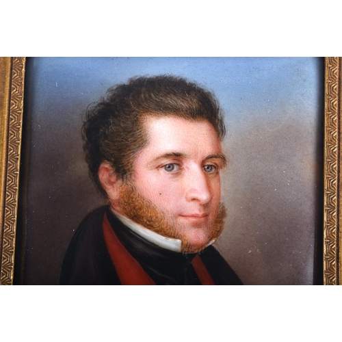 58 - European School (C1840) Portrait Miniature, Male wearing a red waistcoat, gold coloured amulet, ebon... 