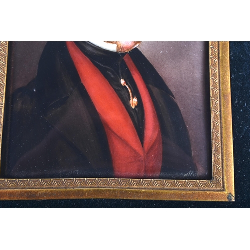 58 - European School (C1840) Portrait Miniature, Male wearing a red waistcoat, gold coloured amulet, ebon... 