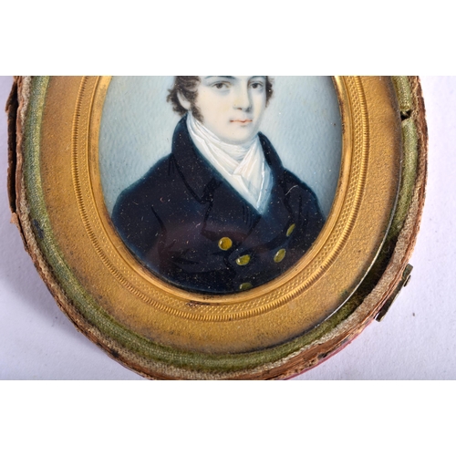 60 - English School (18th/19th Century) Portrait Miniature, Male wearing a dark blue overcoat, gilt metal... 