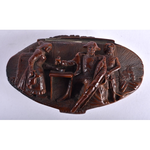 631 - AN 18TH CENTURY FRENCH CARVED COQUILLA NUT SNUFF BOX decorated with a central sailor seated drinking... 