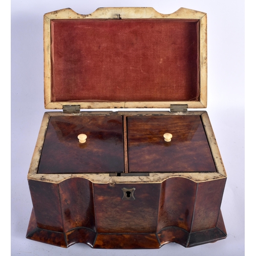 6 - AN UNUSUAL EARLY REGENCY CARVED TORTOISESHELL TEA CADDY of rectangular form, with wire work inlay, f... 