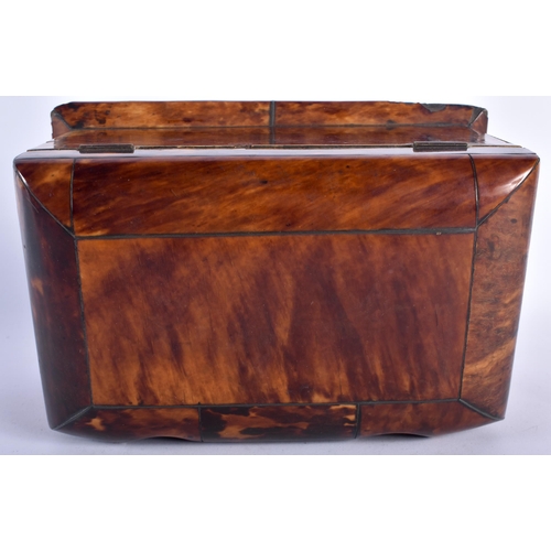 6 - AN UNUSUAL EARLY REGENCY CARVED TORTOISESHELL TEA CADDY of rectangular form, with wire work inlay, f... 