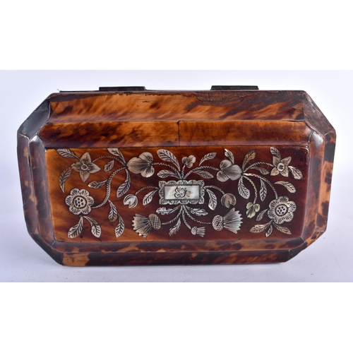 7 - A FINE REGENCY MOTHER OF PEARL INLAID TORTOISESHELL TEA CADDY wonderfully inlaid with scrolling foli... 