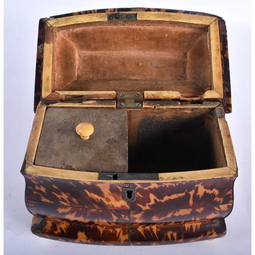 8 - AN EARLY REGENCY CARVED TORTOISESHELL TEA CADDY of shaped form, with recessed body and wire work inl... 