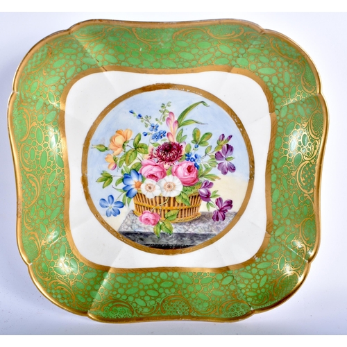 80 - A PAIR OF EARLY 19TH CENTURY FRENCH SEVRES PORCELAIN SQUARE FORM DISHES painted with bold flowers up... 