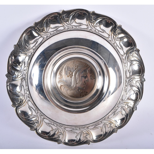 81 - A STYLISH ART NOUVEAU WMF SILVER PLATED PEDESTAL COMPORT decorated with a central portrait of a maid... 