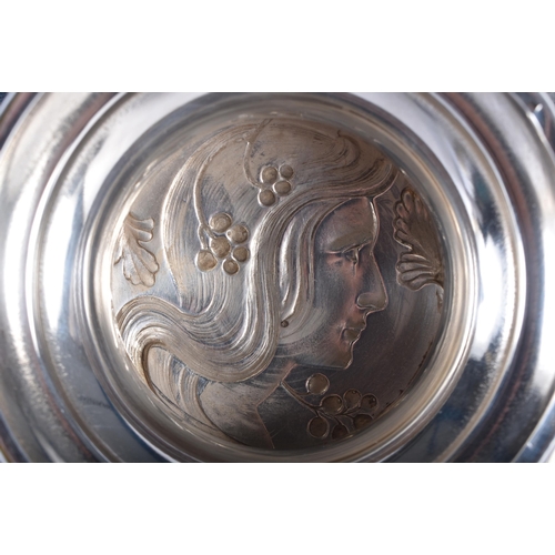 81 - A STYLISH ART NOUVEAU WMF SILVER PLATED PEDESTAL COMPORT decorated with a central portrait of a maid... 