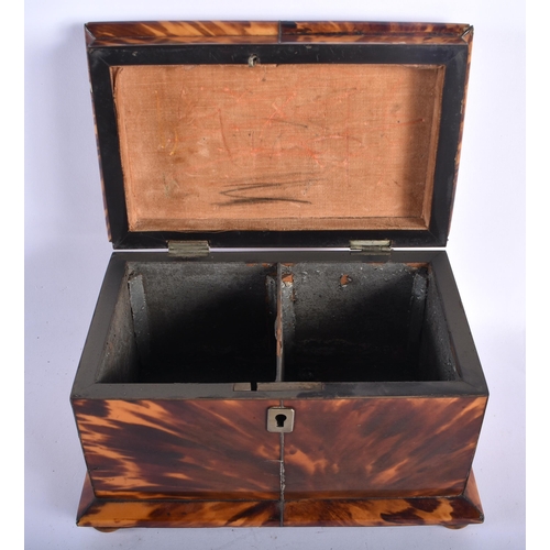 9 - A FINE REGENCY CARVED TORTOISESHELL TEA CADDY of rectangular form, with vacant cartouche, wire work ... 