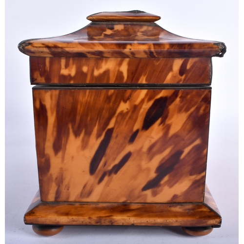 9 - A FINE REGENCY CARVED TORTOISESHELL TEA CADDY of rectangular form, with vacant cartouche, wire work ... 