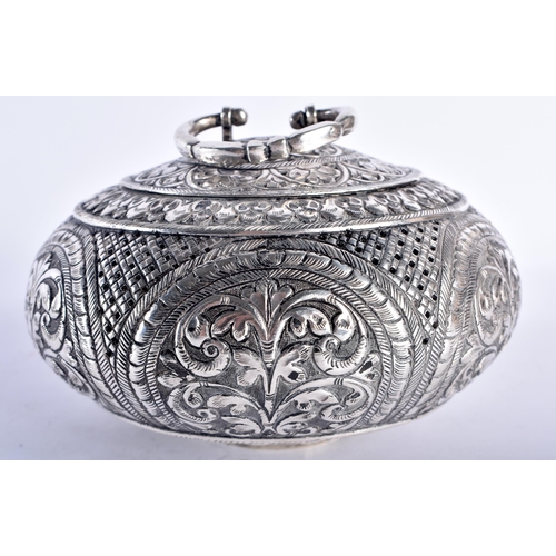 93 - A LATE 19TH CENTURY INDIAN SILVER CIRCULAR TRAVELLING INCENSE BURNER AND COVER decorated with repous... 