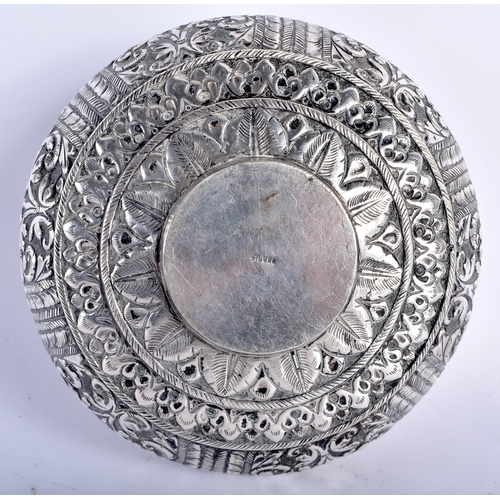 93 - A LATE 19TH CENTURY INDIAN SILVER CIRCULAR TRAVELLING INCENSE BURNER AND COVER decorated with repous... 