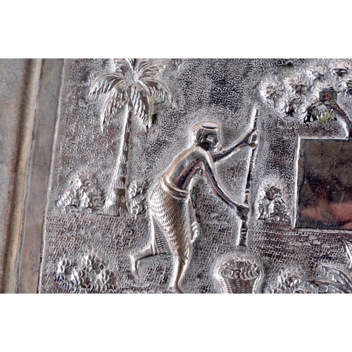 99 - An Asian Silver Tray Embossed with Figures working in a field.  XRF Tested 800 Silver.  20.5cm x 10.... 