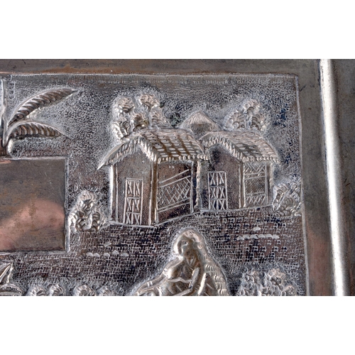 99 - An Asian Silver Tray Embossed with Figures working in a field.  XRF Tested 800 Silver.  20.5cm x 10.... 