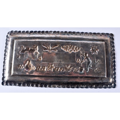 99 - An Asian Silver Tray Embossed with Figures working in a field.  XRF Tested 800 Silver.  20.5cm x 10.... 