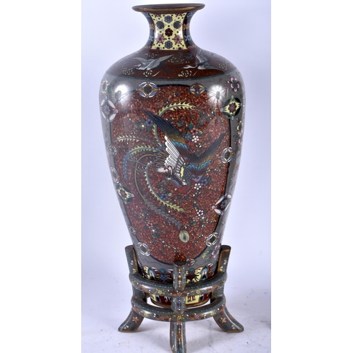 115D - A RARE LARGE PAIR OF 19TH CENTURY JAPANESE MEIJI PERIOD CLOISONNE ENAMEL VASES unusually supported u... 