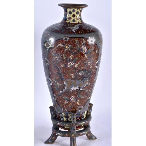 115D - A RARE LARGE PAIR OF 19TH CENTURY JAPANESE MEIJI PERIOD CLOISONNE ENAMEL VASES unusually supported u... 