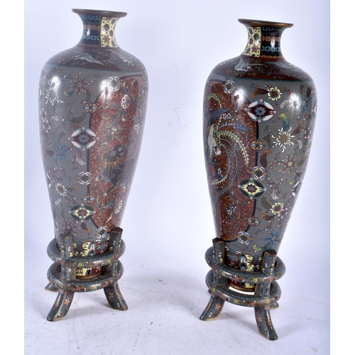 115D - A RARE LARGE PAIR OF 19TH CENTURY JAPANESE MEIJI PERIOD CLOISONNE ENAMEL VASES unusually supported u... 