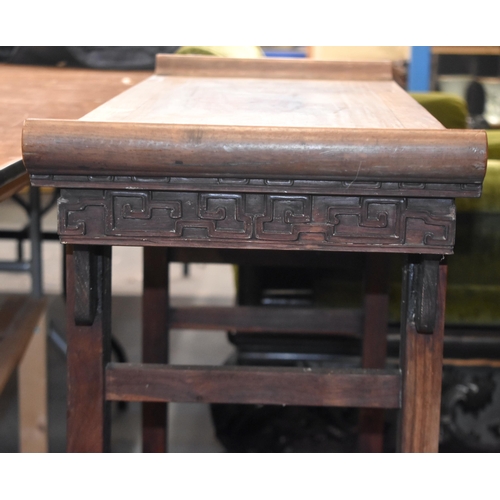 125B - A 19TH CENTURY CHINESE CARVED HARDWOOD ALTAR TABLE Qing, formed with assorted motifs. 100 cm x 34 cm... 