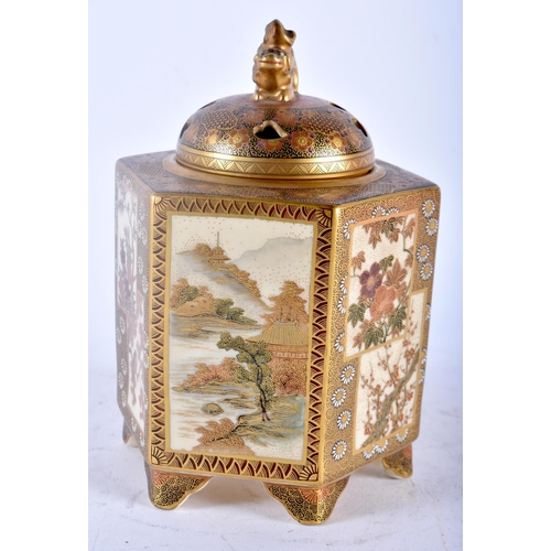 25D - A 19TH CENTURY JAPANESE MEIJI PERIOD SATSUMA HEXAGONAL CENSER AND COVER painted with panels of lands... 