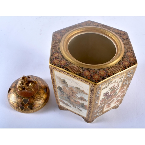 25D - A 19TH CENTURY JAPANESE MEIJI PERIOD SATSUMA HEXAGONAL CENSER AND COVER painted with panels of lands... 