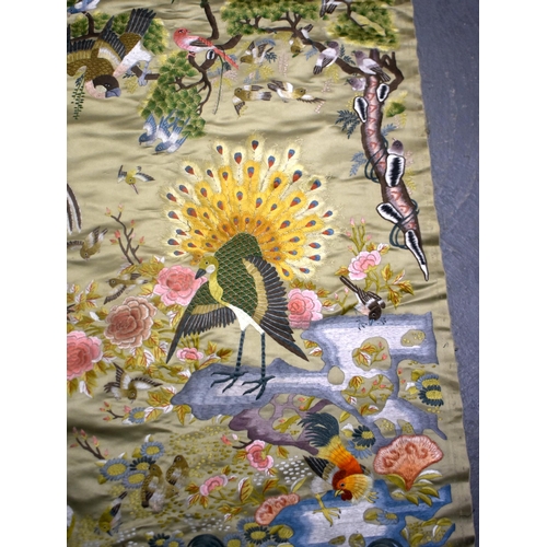 75D - AN EARLY 20TH CENTURY CHINESE SILK EMBROIDERED PANEL Late Qing/Republic, depicting birds of paradise... 