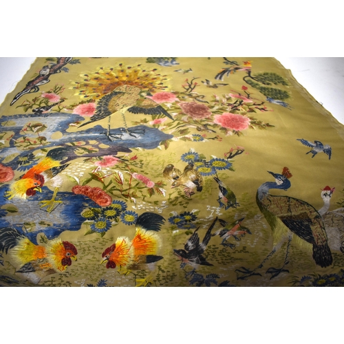 75D - AN EARLY 20TH CENTURY CHINESE SILK EMBROIDERED PANEL Late Qing/Republic, depicting birds of paradise... 