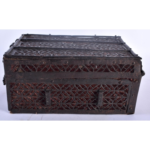 85B - A 16TH CENTURY GERMAN GOTHIC STRAP IRON WOOD STRONG BOX overlaid with foliate type panelling, with o... 