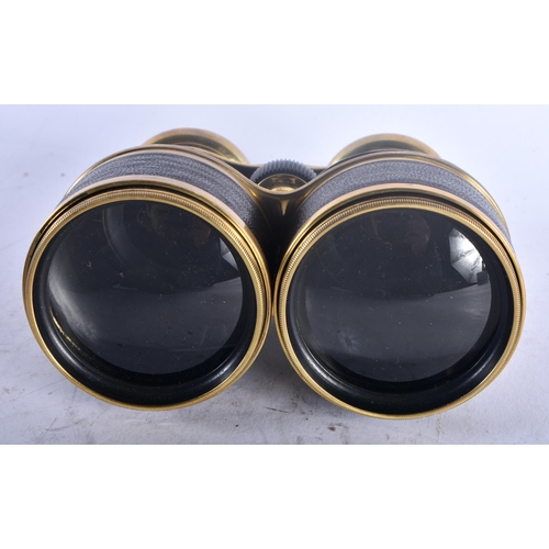 95D - A PAIR OF ANTIQUE MANCHESTER SOUTHPORT HILL BINOCULARS with leather banding. 11 cm x 10 cm.