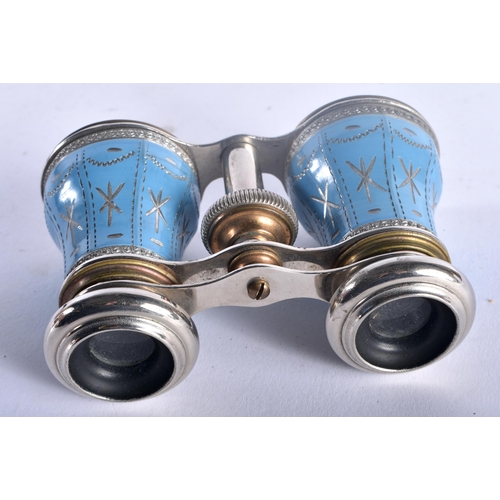 95E - A PAIR OF ANTIQUE ENAMELLED OPERA GLASSES. 9 cm x 9 cm extended.