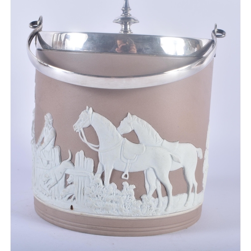 103 - A WEDGWOOD PORCELAIN BISCUIT BARREL with silver plated mounts, decorated with fox hunting scenes in ... 