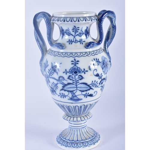 104 - A GERMAN MEISSEN BLUE AND WHITE PORCELAIN VASE with serpent handles, painted with floral sprays. 26c... 