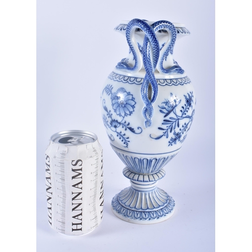 104 - A GERMAN MEISSEN BLUE AND WHITE PORCELAIN VASE with serpent handles, painted with floral sprays. 26c... 