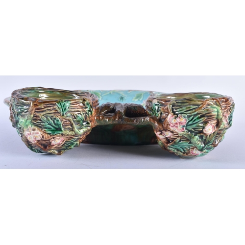 106 - A 19TH CENTURY GEORGE JONES MAJOLICA POTTERY DISH decorated in relief with fruiting vines and flower... 