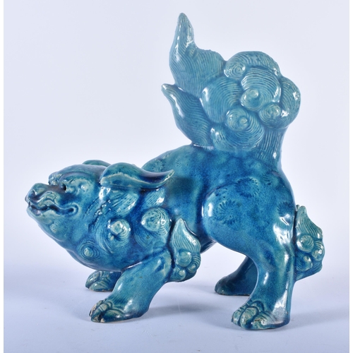 108 - A 19TH CENTURY CHINESE STYLE BLUE GLAZED FIGURE OF A BUDDHISTIC LION possibly Burmantofts. 21 cm x 1... 