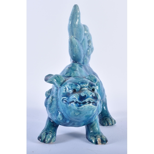 108 - A 19TH CENTURY CHINESE STYLE BLUE GLAZED FIGURE OF A BUDDHISTIC LION possibly Burmantofts. 21 cm x 1... 