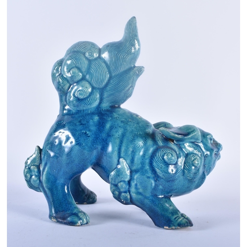 108 - A 19TH CENTURY CHINESE STYLE BLUE GLAZED FIGURE OF A BUDDHISTIC LION possibly Burmantofts. 21 cm x 1... 