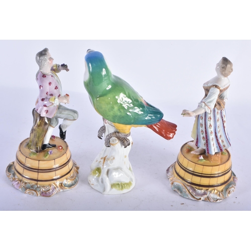 113 - A MEISSEN PORCELAIN FIGURE OF A PARROT together with a pair of Continental figures. Largest 15 cm hi... 