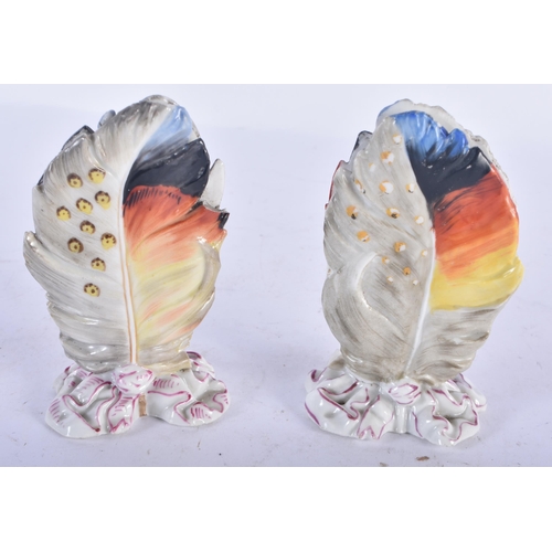 114 - AN UNUSUAL PAIR OF 19TH CENTURY GERMAN PORCELAIN MENU HOLDERS formed as feathers. 9 cm x 5 cm.