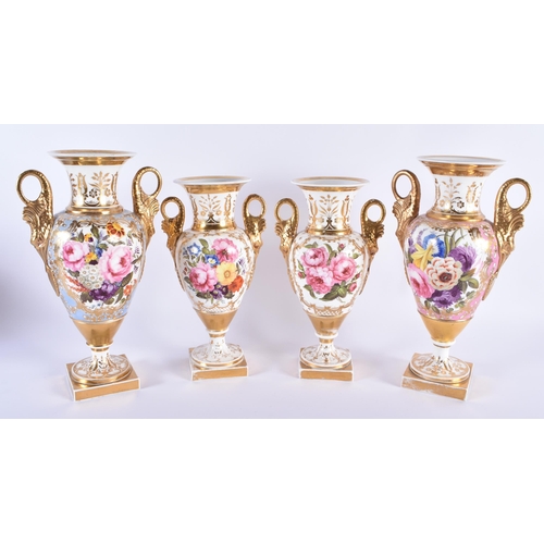 12 - A FINE SET OF FOUR LATE 18TH/19TH CENTURY CHAMBERLAINS WORCESTER VASES beautifully painted with flor... 