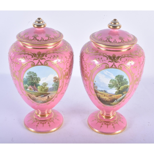 124 - A LOVELY PAIR OF ANTIQUE MINTON PORCELAIN VASES AND COVERS painted with landscapes and maritime scen... 