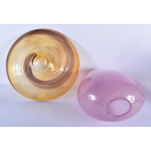 132 - A LARGE PINK ART GLASS VASE together with a yellow glass bowl. Largest 34 cm x 20 cm. (2)