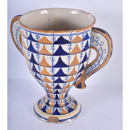 135 - A LARGE 19TH CENTURY ITALIAN TWIN HANDLED CANTAGALLI TIN GLAZED ALHAMBRA VASE painted with motifs. 2... 