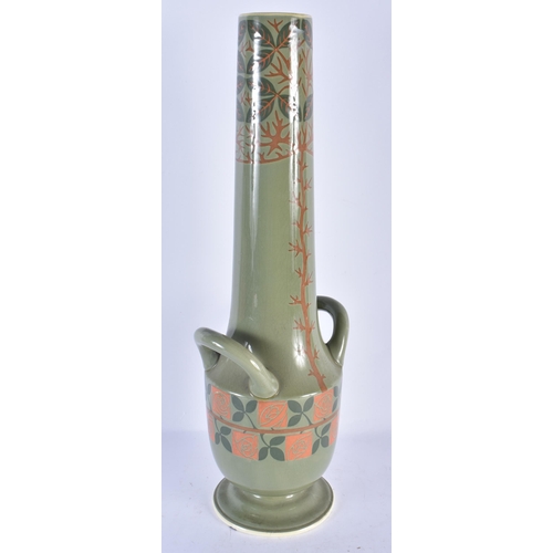 136 - A VERY LARGE SECESSIONIST MOVEMENT TWIN HANDLED POTTERY VASE painted with motifs and trees. 48 cm x ... 