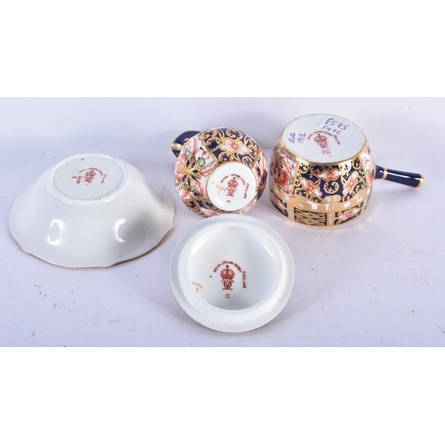 142 - A ROYAL CROWN DERBY MINIATURE WASH JUG AND BASIN together with a similar saucepan and cover. Largest... 