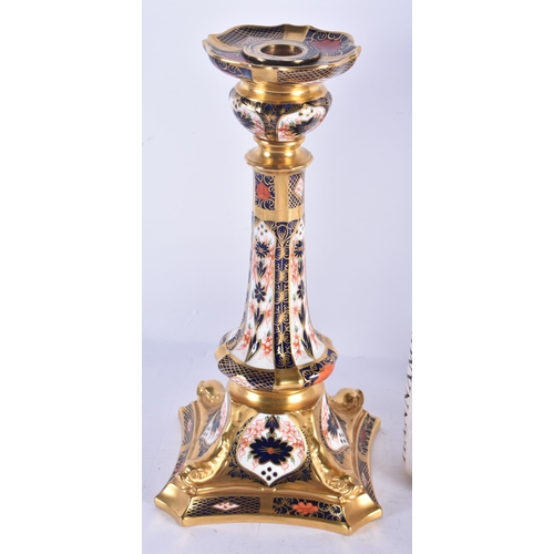 143 - A LARGE PAIR OF ROYAL CROWN DERBY IMARI CANDLESTICKS. 27 cm high.