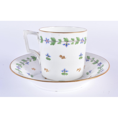 155 - Derby coffee can and saucer, impressed to saucer painted with cornflowers and a Hamilton flute patte... 