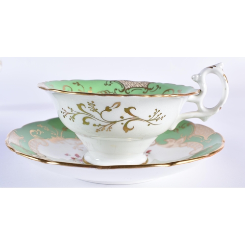 163 - English fine cup and saucer, with coffee cup painted with large specimen flowers under a lime green ... 