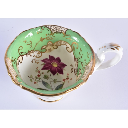 163 - English fine cup and saucer, with coffee cup painted with large specimen flowers under a lime green ... 