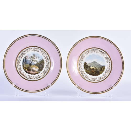 165 - Flight Barr and Barr pair of pink bordered plates painted with titled scenes, Plymouth and Montgomer... 